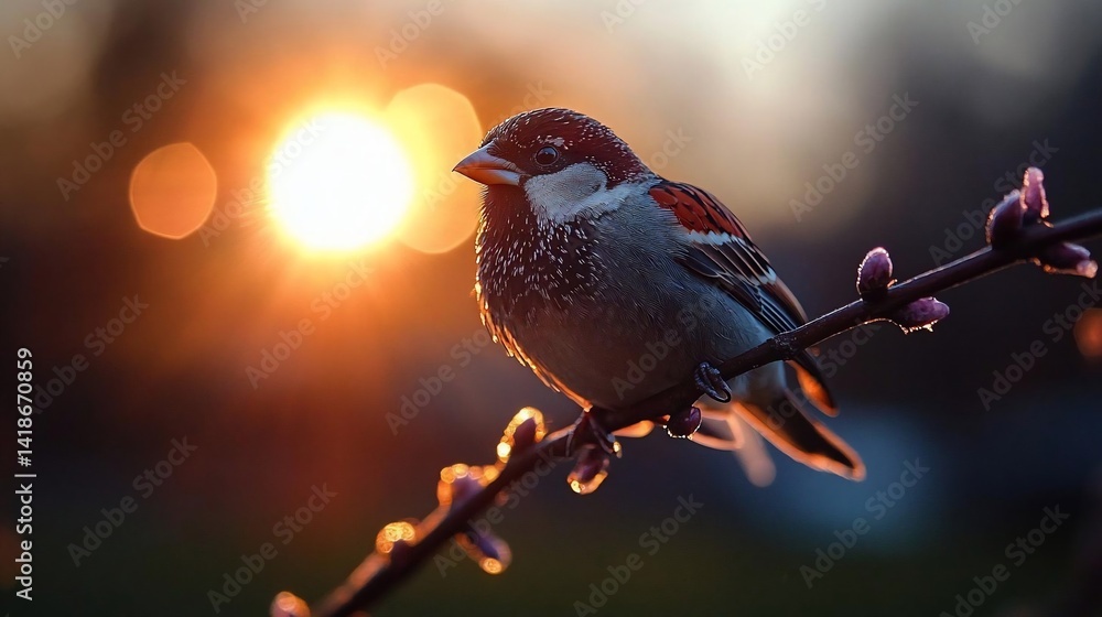 Aufkleber a small bird perches on a slender branch illuminated by the warm glow of a setting sun creating a pi