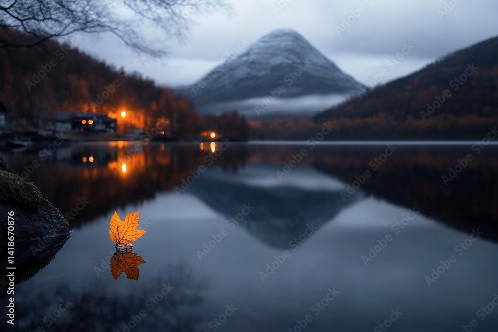 Aufkleber serene autumn landscape with a calm lake reflecting a mountain under a moody sky. features a glowing