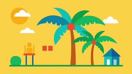 Sunny Tropical Scene with Coconut Trees and Kids Playing
