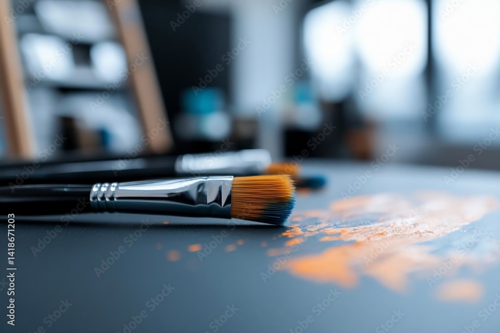 Aufkleber close-up view of artist's paintbrushes with orange paint splatters on a dark surface with shallow de