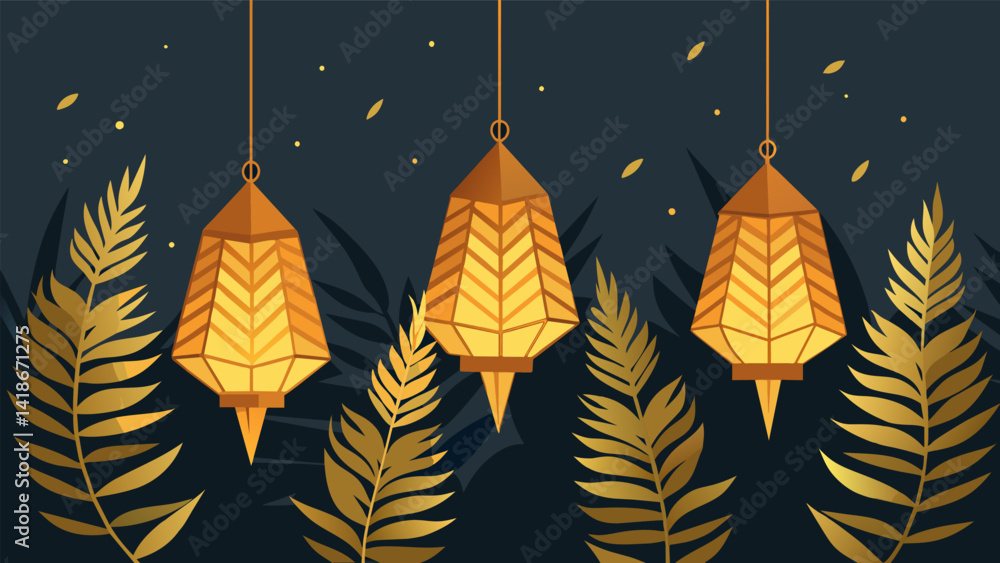 Aufkleber a series of delicate paper lanterns made from pressed and dried fern fronds lit up with the soft glo