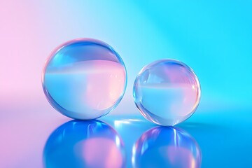 Two Glass Orbs Reflecting Pink and Blue Gradient Light Background with Reflections