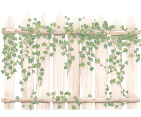 Obraz premium A Serene Illustration of a Cozy Rustic Wooden Fence Adorned with Lush Green Vines, Evoking a Sense of Tranquility and Natural Beauty in a Charming Garden Setting