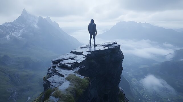 Solitary figure atop a mountain peak, overlooking a misty valley