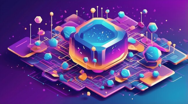 Futuristic Flat Vector of Quantum Computing Nodes and Cloud Networks in Isometric Layout