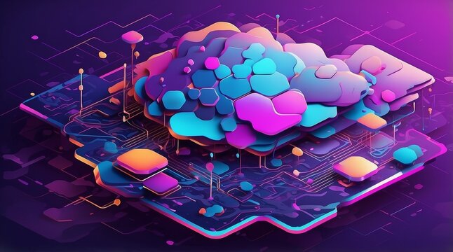 Futuristic Flat Vector of Quantum Computing Nodes and Cloud Networks in Isometric Layout
