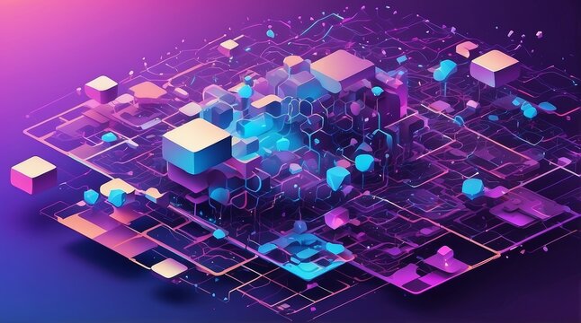 Futuristic Flat Vector of Quantum Computing Nodes and Cloud Networks in Isometric Layout