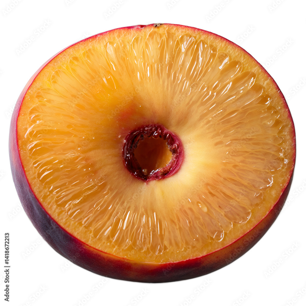 Poster a vibrant and detailed close-up of a fresh peach slice displaying its juicy texture and soft center,