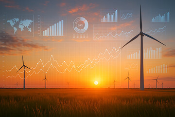 wind turbines generating renewable energy at sunset with futuristic data charts and graphs overlay showing growth analysis environmental sustainability and clean energy development
