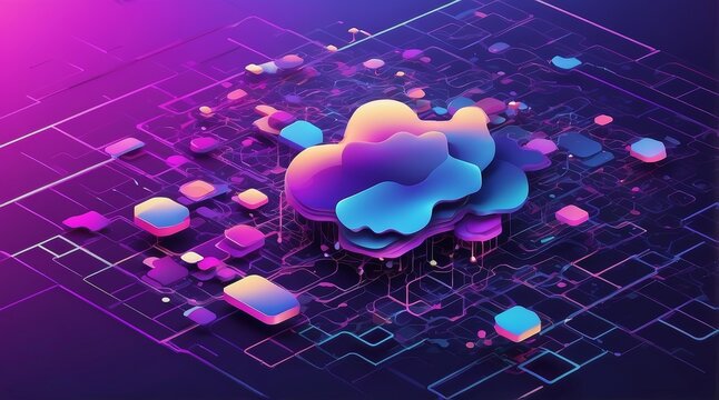 Futuristic Flat Vector of Quantum Computing Nodes and Cloud Networks in Isometric Layout
