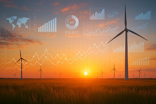 wind turbines generating renewable energy at sunset with futuristic data charts and graphs overlay showing growth analysis environmental sustainability and clean energy development