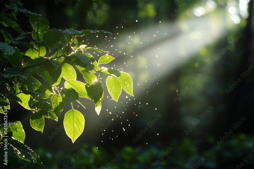 Poster sunlight streams through the forest canopy illuminating leaves and particles creating a magical and 