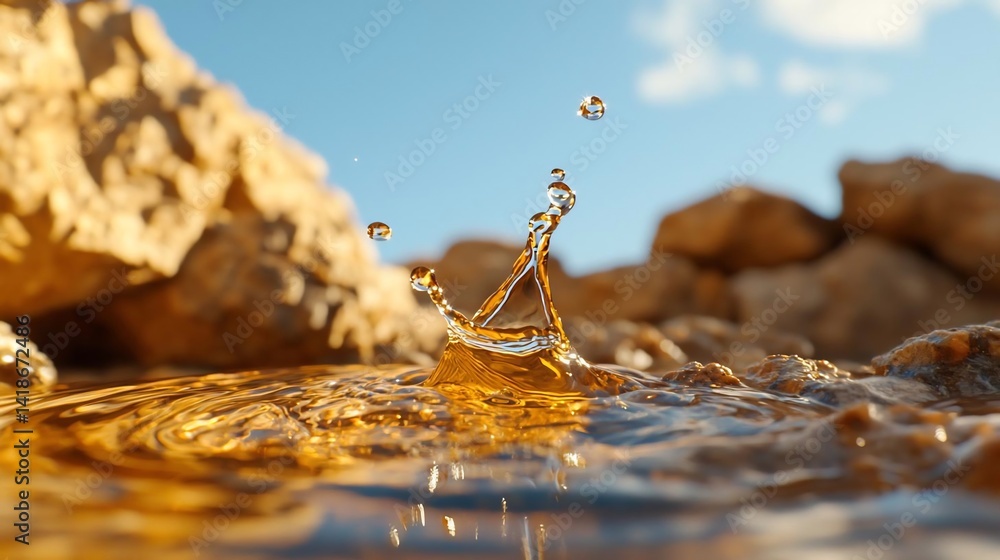 Poster Close up of water droplet splash with sunny sky and rocks background creating a dynamic visual of water, sun and rocks in nature