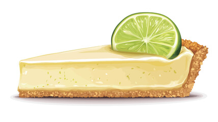 A high-resolution close-up shot showcases a single slice of key lime pie against a stark white background. The pie features a smooth, pale yellow filling