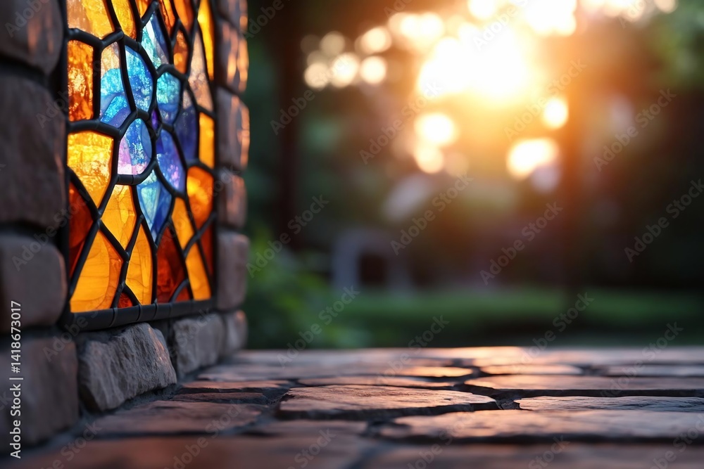 Aufkleber close up of a stained glass window with various colors brick wall and sunlight in the background cre