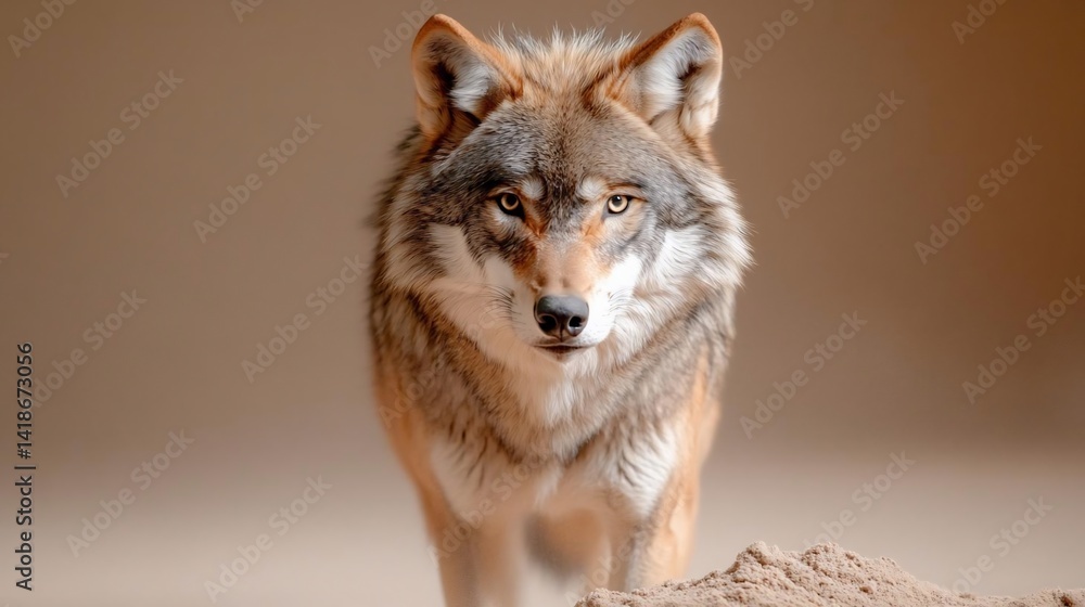 Poster close-up portrait of a wolf staring directly at the viewer against a neutral background showcasing d
