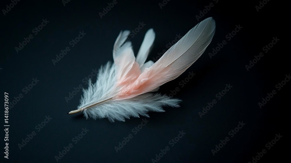 Aufkleber Close up shot of a delicate feather with soft textures showcasing a gradient of white and pink hues against a dark background