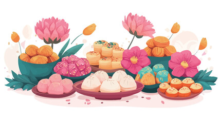 A vibrant digital illustration showcases an array of Asian sweets and pastries artfully arranged in teal and maroon bowls and plates.  The composition features a dynamic flat lay perspective with
