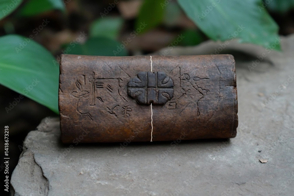 Poster close-up shot of a weathered brown leather wallet with embossed patterns and a central floral design