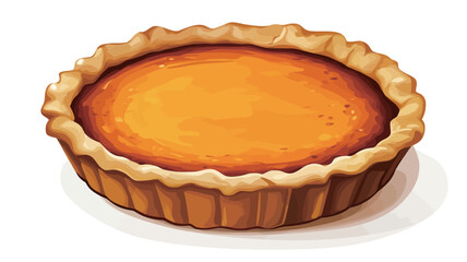 A high-angle, close-up shot depicts a single, round pumpkin pie. The pie exhibits a smooth, uniformly colored, deep orange-yellow filling within a fluted, golden-brown pastry crust