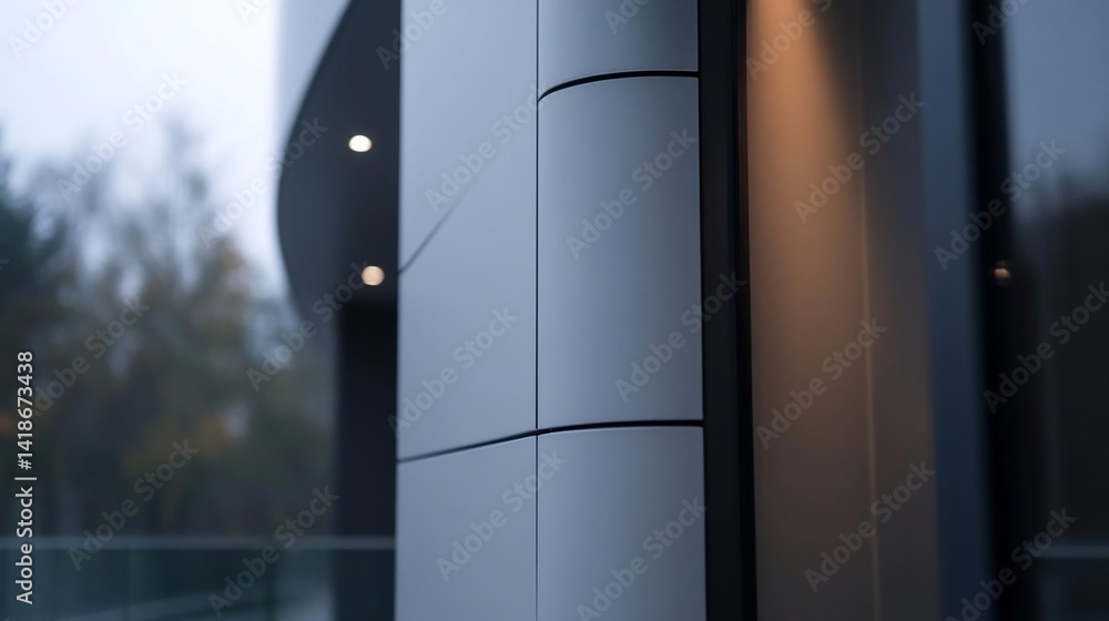Poster Close up of a modern architectural design featuring gray and silver metal paneling and a blurred background. The image has a soft focus with reflections of trees. It conveys a sense of minimalism and