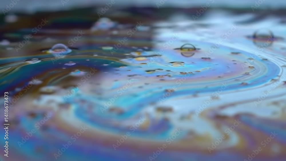 Poster close-up of colorful iridescent oil slick on water surface captured in natural light, creating abstr