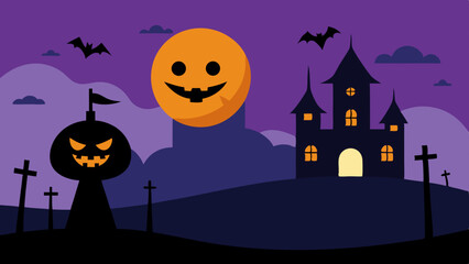 Fototapeta premium Flat Halloween Scene with Simple Vector Line Design Art
