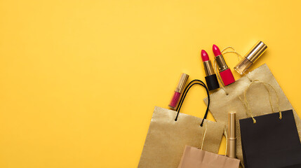 make up and bags for black friday, gold and black colors, fancy, shopping, lipstick, mascara, golden bags, luxury product, brand, branding, packshot of feminine product, women