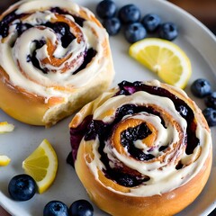 freshly baked blueberry cinnamon rolls on a plate, filled with juicy roasted blueberries and a visible cinnamon filling and moist pastry texture