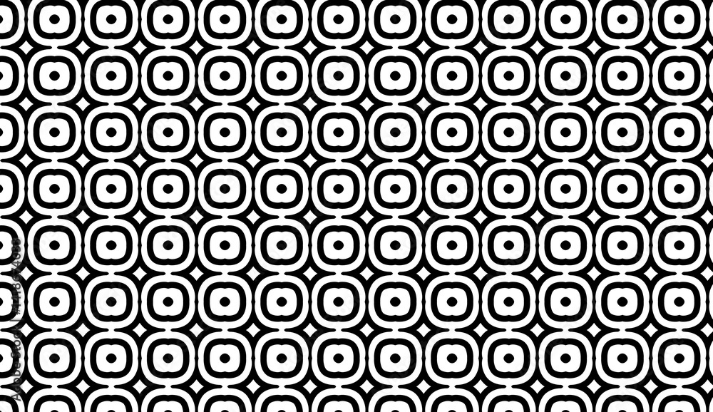 Poster black and white geometric pattern creating an optical illusion with rounded squares and circles, per