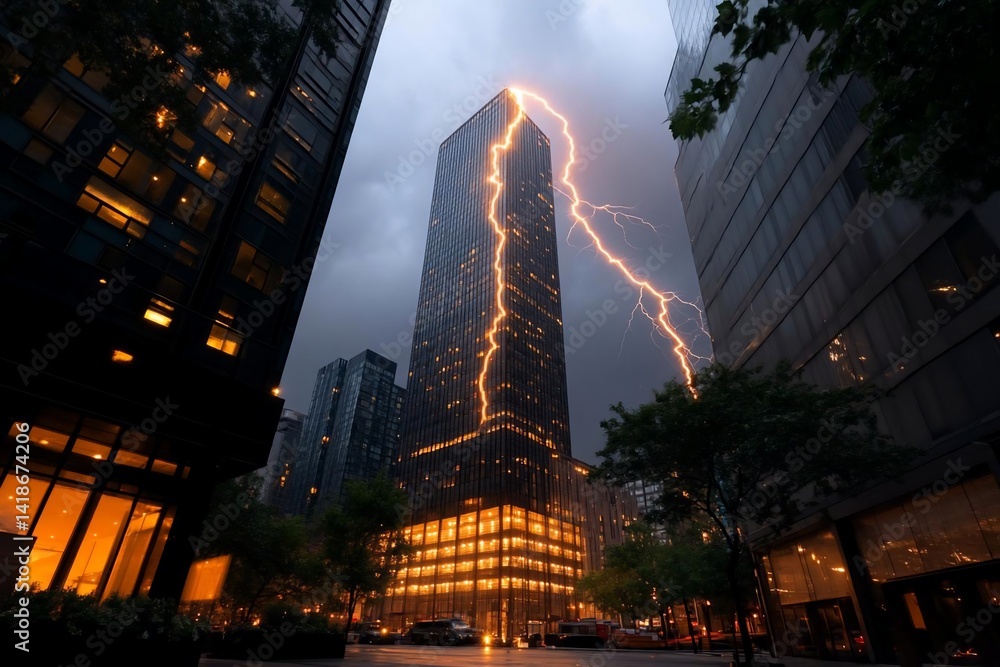 Aufkleber dramatic cityscape scene featuring a lightning strike illuminating a skyscraper amid buildings and t