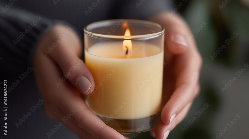 Poster close up of hands gently holding a lit candle in a transparent glass with soft focus background prov