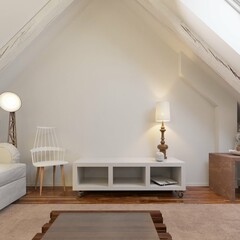 interior of attic with simple white ambience with sofa and decorations. 3d illustration