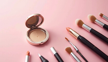 A close up of makeup brushes on a pink background.