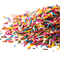 Pile colorful candy sprinkles isolated on white background, side view --v 7.0