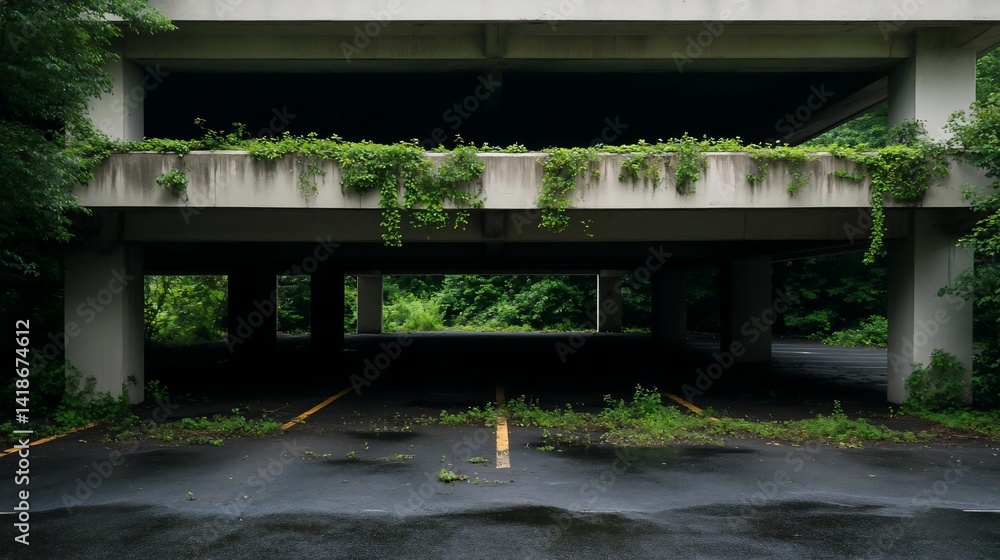 Poster abandoned concrete structure with overgrown vegetation in a damp environment. features include an em