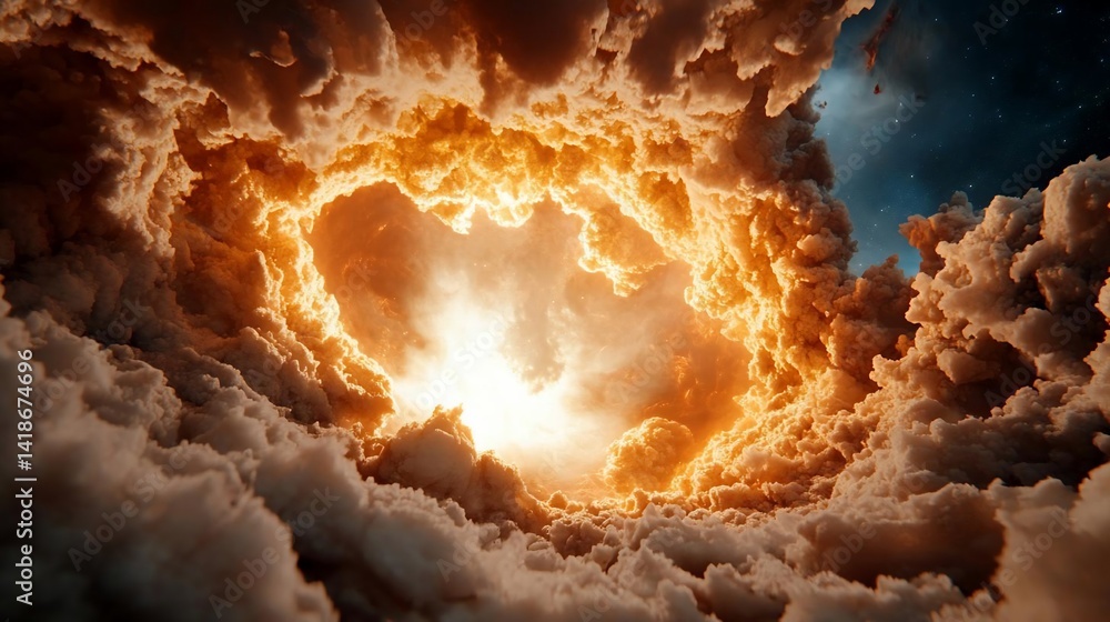 Aufkleber A dramatic view inside a swirling mass of clouds illuminated by a bright golden light source in the center with an outer space background