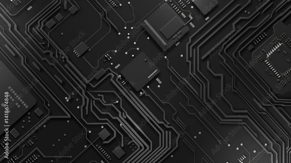Poster close up of a circuit board with metallic material. macro photography of motherboard or microchip or