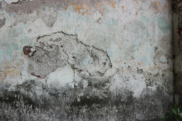 Old house wall. The walls are unkempt, the paint is peeling and has mold spots, suitable for use as...