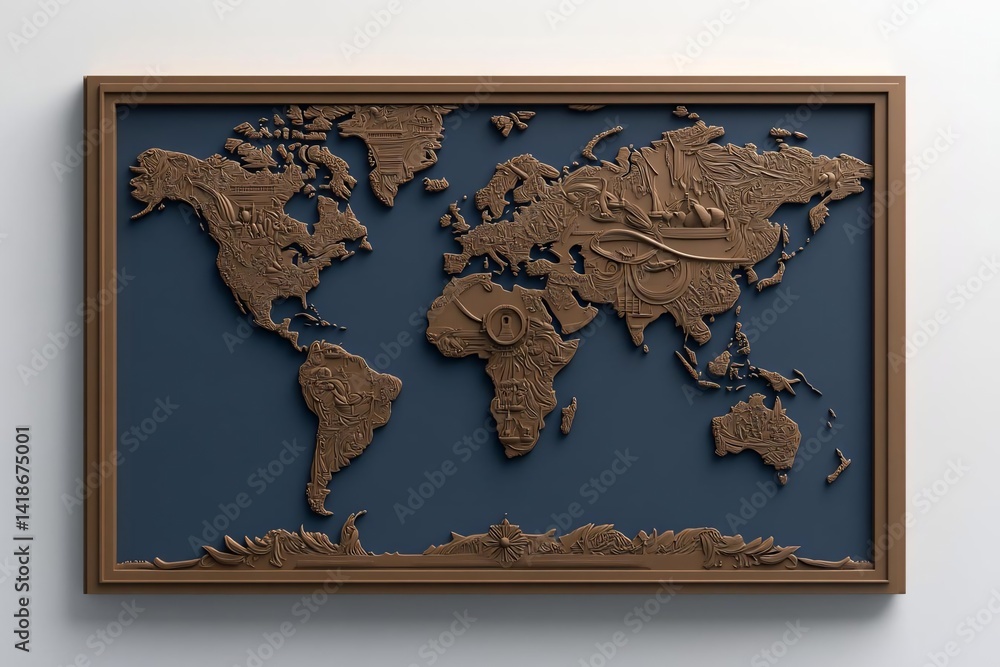 Poster A detailed world map crafted from textured metallic material set against a deep blue background framed in dark wood. The map showcases geographic details with raised relief