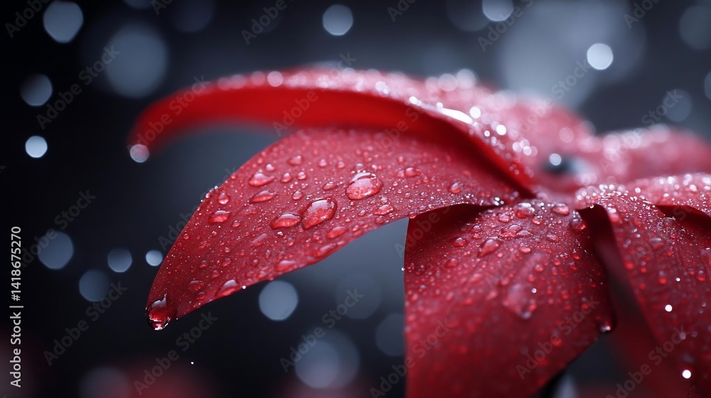 Aufkleber Close-up of a red flower with water droplets on its petals against a blurred dark background with bokeh effects