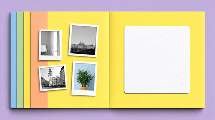vibrant virtual scrapbook featuring colorful pages, showcasing digital photos in polaroid frames, with blank space for additional memories. cheerful design evokes nostalgia and creativity