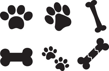 Collection of Black Paw Print and Bone Silhouettes for Pet and Dog Themes