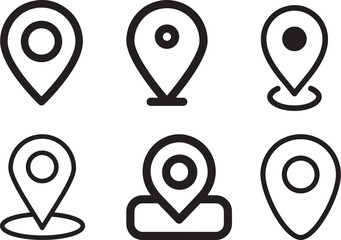 Collection of Black Outline Location Pin Icons in Diverse Styles for Navigation