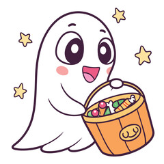 Cheerful Cartoon Ghost with Candy Bucket – Halloween Vector