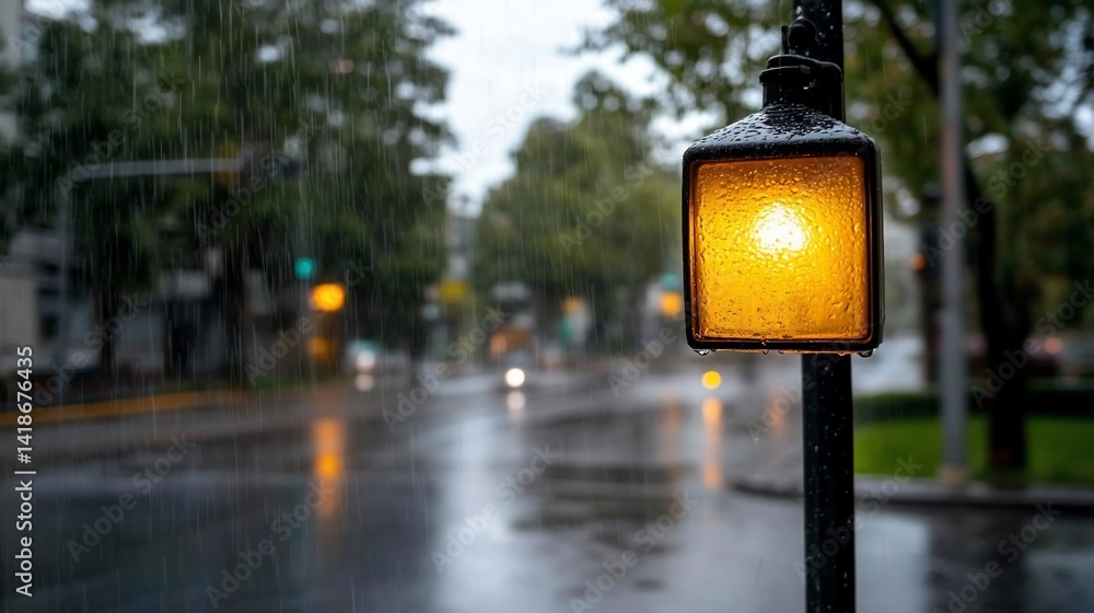 Poster close up of a yellow traffic light in the rain with blurred background and selective focus