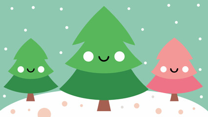 Cute Christmas Scene with Happy Tree in Kawaii Style