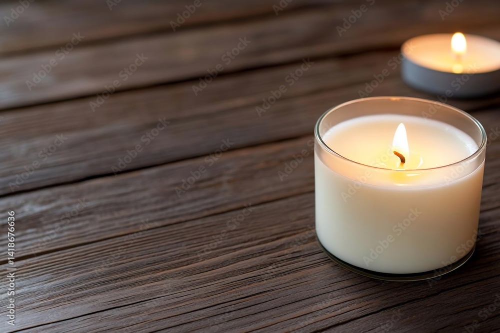 Poster Close-up view of two lit candles on a rustic wooden surface creating a warm atmosphere. The soft lighting and blurred background emphasize the candles