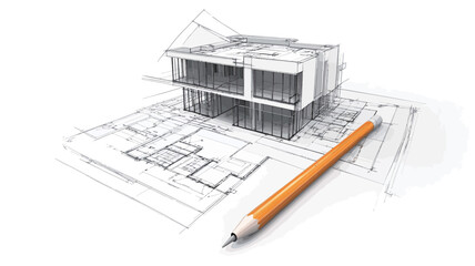 The image showcases a detailed architectural design concept. A grayscale 3D model of a two-story house is centrally positioned, exhibiting a wireframe style, suggestive of structural elements
