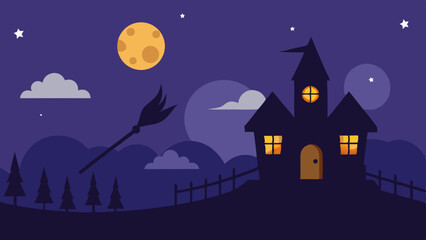 Magical Halloween Night Background with Broomstick